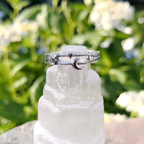925 Sterling Silver Layered Moon and Stars Ring - Picture 7 of 10